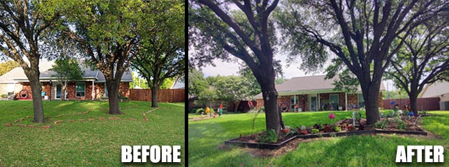 Front Flower Bed Before and After with Annuals Perennials and Yard Art